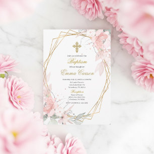 Gold fram pink blush floral baptism invitation