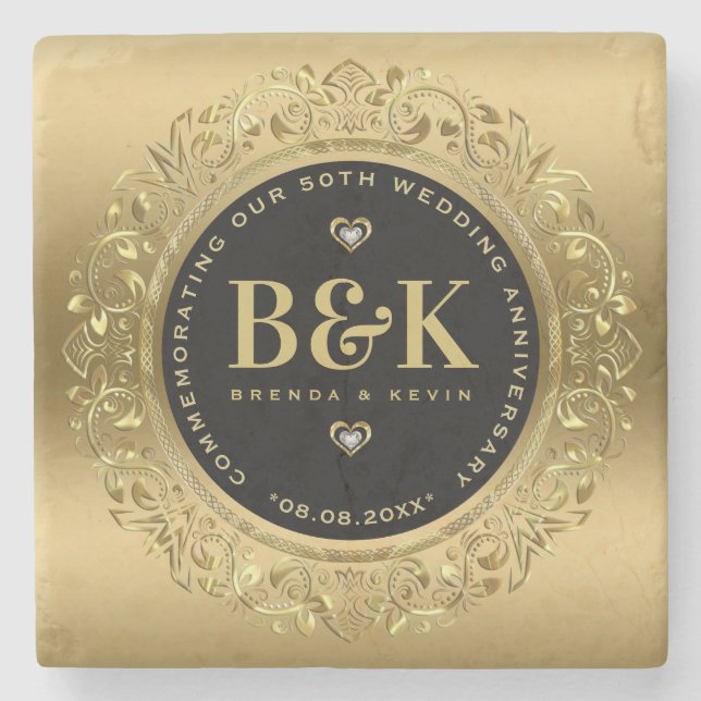 Gold Frame 50th Wedding Anniversary Template Stone Coaster (Front)