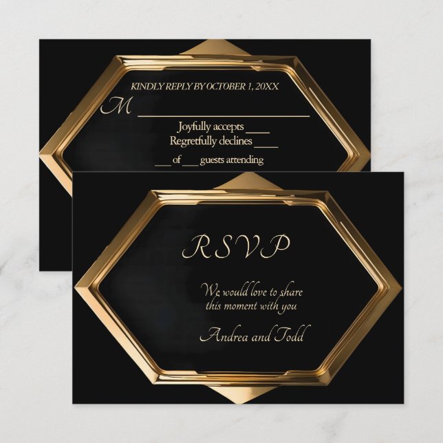 Gold frame against black background wedding RSVP card (Front/Back)