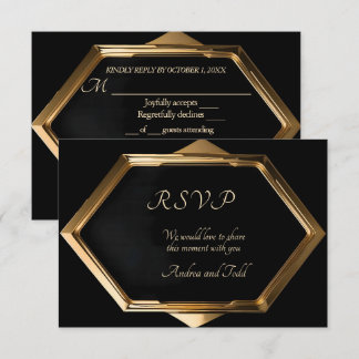 Gold frame against black background wedding RSVP card
