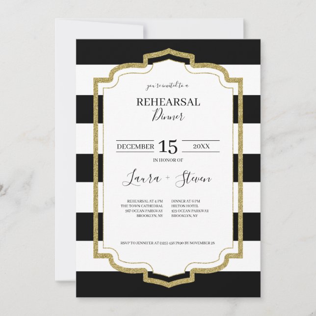 Gold Frame and Black Stripes Rehearsal Dinner Invitation (Front)