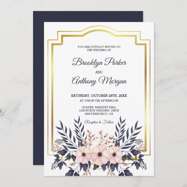 Gold Frame And Flower Bouquet Wedding Invitation (Front/Back)
