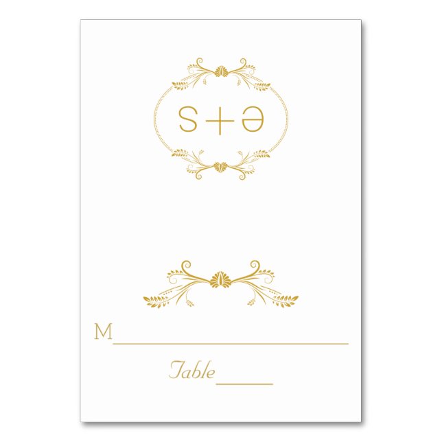 Gold frame and initials wedding folded escort card (Front)