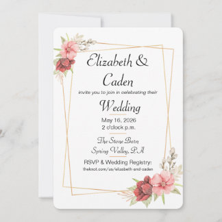 Gold frame and pink floral wedding invitation