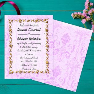 Gold Frame and Purple Damask Wedding Invitation
