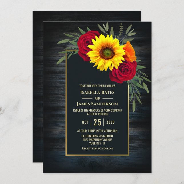Gold Frame Barnwood Sunflower Wedding Invitation (Front/Back)