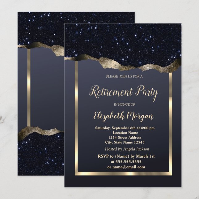  Gold Frame,Black Glitter Retirement  Invitation (Front/Back)