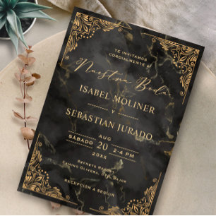 Gold Frame Black Marble Nuestra boda Spanish Invitation