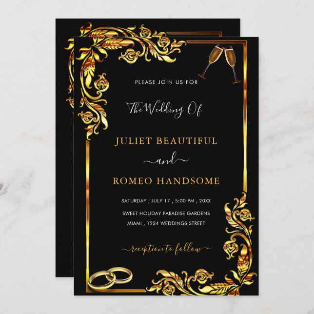 Gold Frame Black Wedding Invitation - Your Colours (Front/Back)