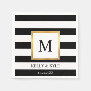 Gold Frame Black White Stripes Monogram Wedding Napkin