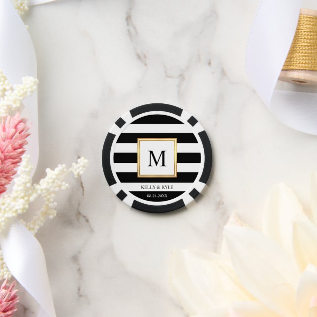Gold Frame Black White Stripes Monogram Wedding Poker Chips (Wedding)