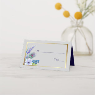 Gold Frame Blue Boho Floral Wedding Place Card