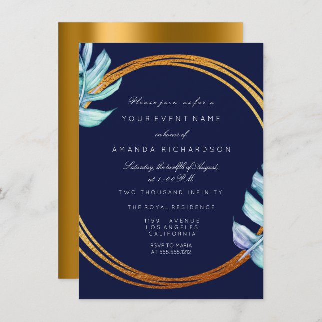 Gold Frame Blue Navy Monogram Tropical Bridal Wedd Invitation (Front/Back)