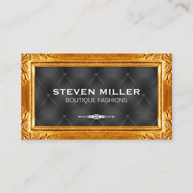Gold Frame Borders | Black Upholstered Padding Business Card (Front)