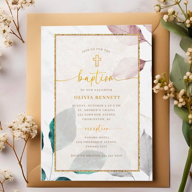 Gold Frame Botanical Flowery Baptism Invitation (Creator Uploaded)