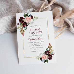gold frame burgundy blush floral bridal shower invitation