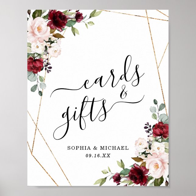 Gold Frame Burgundy Floral Cards and Gifts Sign (Front)