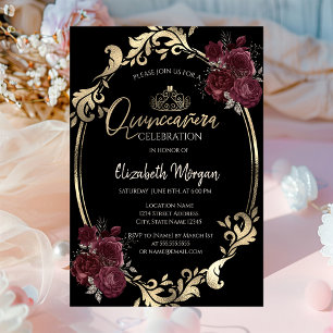 Gold Frame Burgundy Roses Black Quinceañera  Invitation