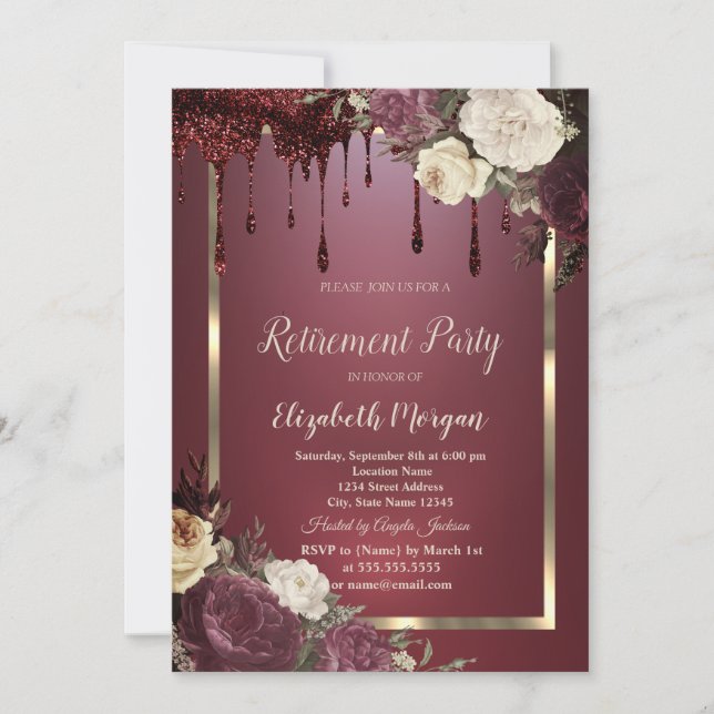 Gold Frame Burgundy Roses Glitter Drips Retirement Invitation (Front)