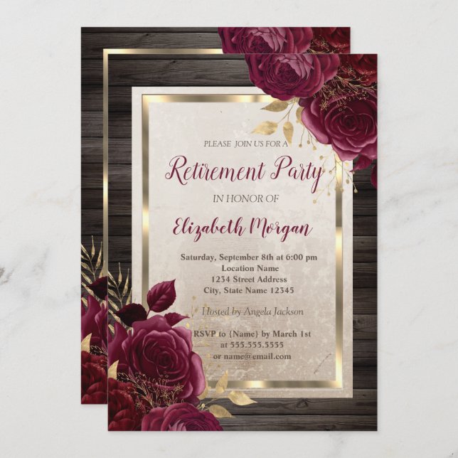 Gold Frame,Burgundy Roses Wood Retirement   Invitation (Front/Back)