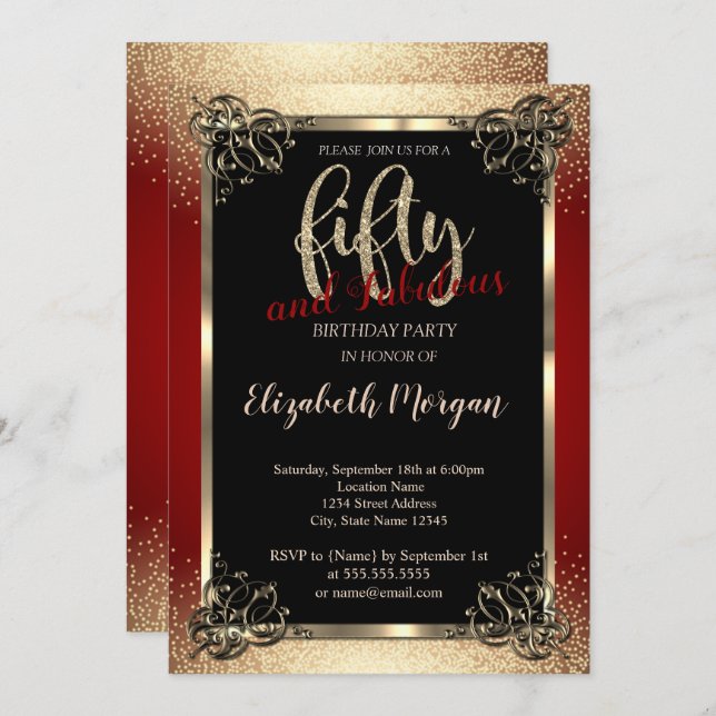 Gold Frame,Confetti Red 50th Birthday Party Invitation (Front/Back)