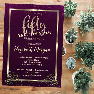 Gold Frame Confetti Violet 50th Birthday Party  Invitation