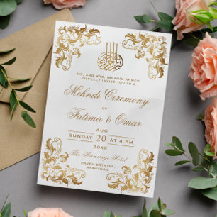 Gold Frame Cream Muslim Islamic Mehndi Ceremony Invitation