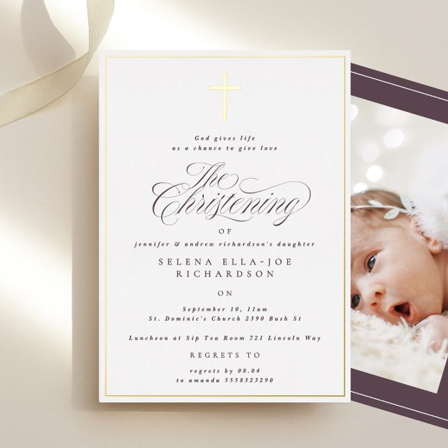 Gold Frame Cross Christening Photo Invitation (Creator Uploaded)