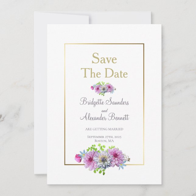 Gold Frame Dahlia Floral Wedding Save the Date Invitation (Front)