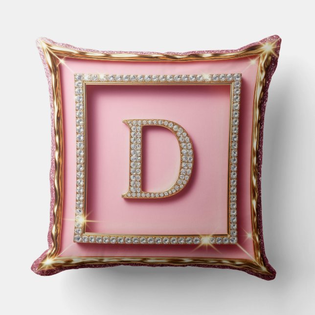 Gold Frame Diamond Initial D Pink Glitter Monogram Cushion (Front)