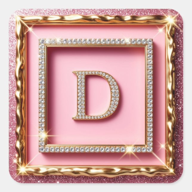 Gold Frame Diamond Initial D Pink Glitter Monogram Square Sticker (Front)