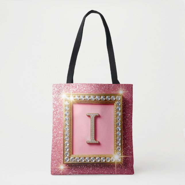 Gold Frame Diamond Initial I Pink Glitter Monogram Tote Bag (Front)