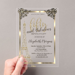 Gold Frame,Eiffel Tower 50th Birthday Party Acrylic Invitations