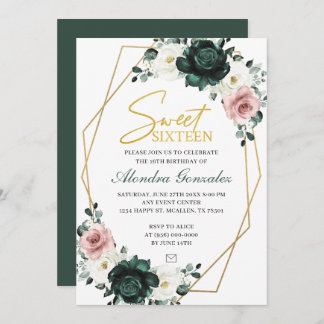 Gold frame emerald green floral Sweet 16 invite