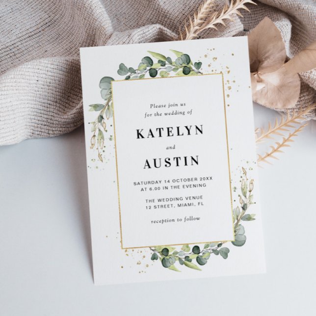 gold frame eucalyptus greenery wedding invitation (Creator Uploaded)