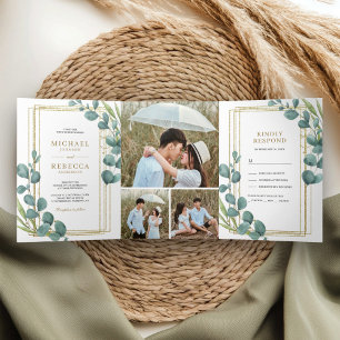Gold Frame Eucalyptus Leaves Photo Collage Wedding Tri-Fold Invitation