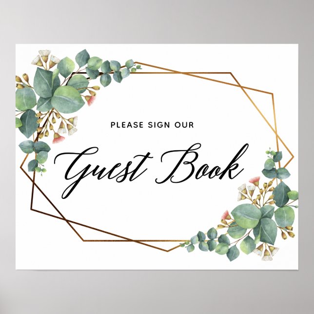 Gold Frame Eucalyptus Wedding Guest Book sign (Front)