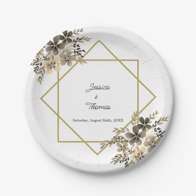 Gold Frame Fall Colours Floral Wedding Reception  Paper Plate (Front)