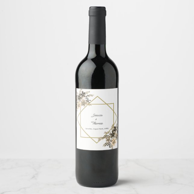 Gold Frame Fall Colours Floral Wedding Reception Wine Label (Front)