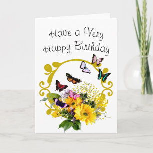 Gold Frame Flowers Butterflies Birthday Card