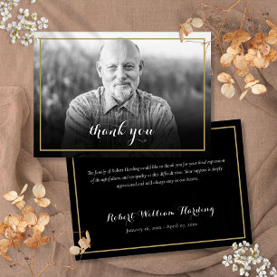 Gold Frame Funeral Photo Black and White Thank You Card