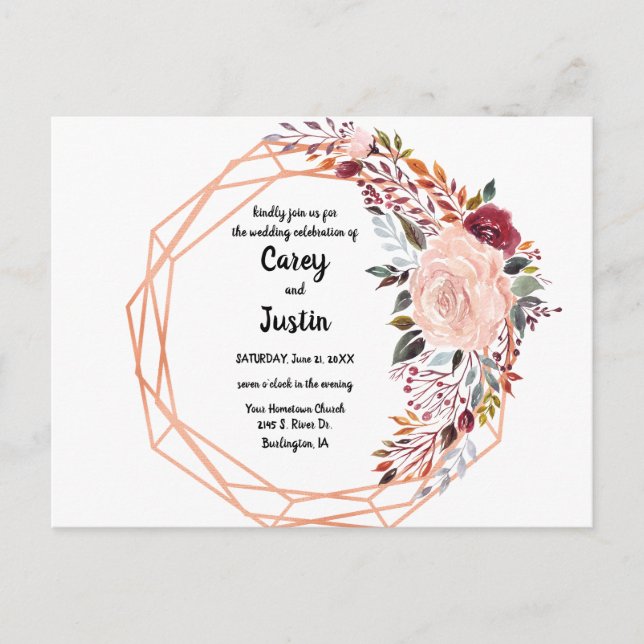 Gold Frame Geometric Floral Wedding Invitation Postcard (Front)
