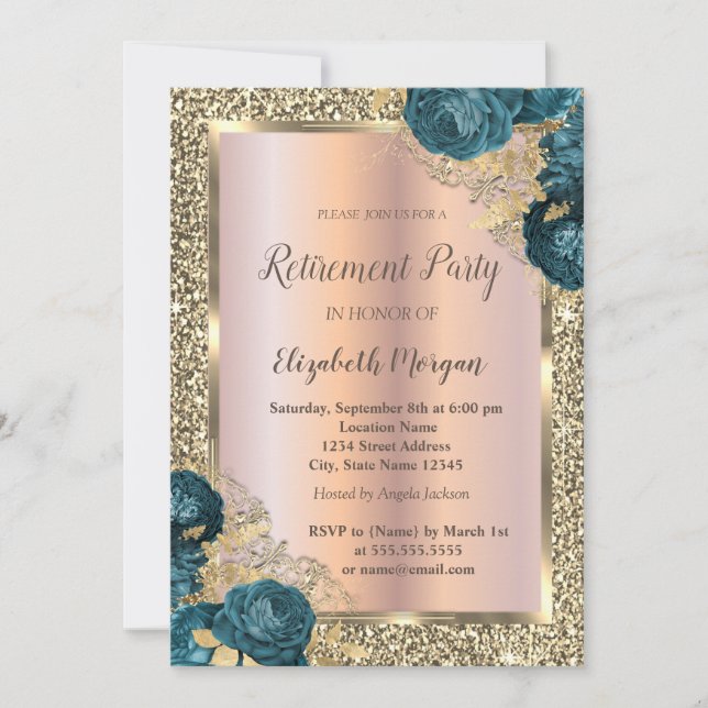 Gold Frame,Glitter Green Flowers Retirement Invitation (Front)