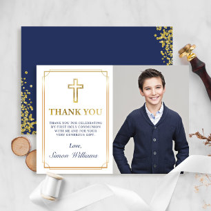 Gold Frame Glitter Navy Blue Communion Photo Thank You Card