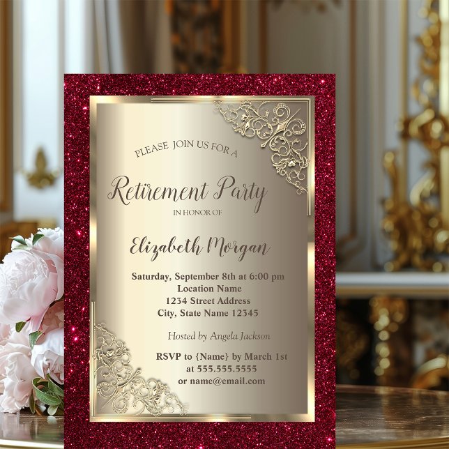  Gold Frame,Gold,Red Glitter Retirement  Invitation (Creator Uploaded)
