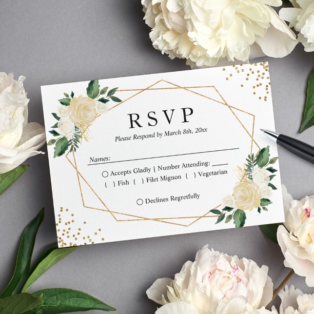 Gold Frame Green Ivory Floral Wedding Reply RSVP Card (Creator Uploaded)