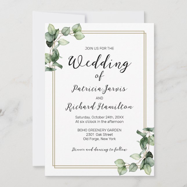 Gold Frame Greenery Elegant Wedding Invitation (Front)