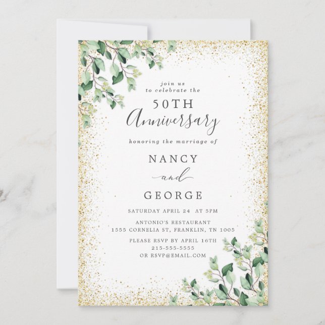 Gold Frame Greenery Leaf 50th Wedding Anniversary Invitation (Front)