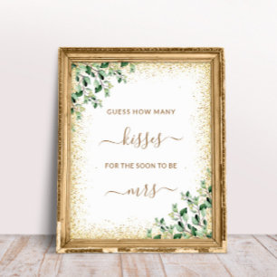 Gold Frame Greenery Leaves How Many Kisses Game Poster