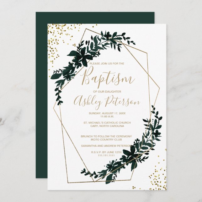 Gold frame greenery modern chic typography baptism invitation (Front/Back)